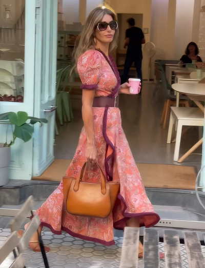 Roselina™ | Elegant Pink Maxi Dress with Short Sleeves